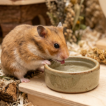 An adorable Syrian hamster leaning over a small, shallow ceramic bowl to drink water on a wooden platform in a naturalistic, well-maintained enclosure. The scene is bright, clean, and highlights the ergonomic benefits of using a water dish for hamsters.