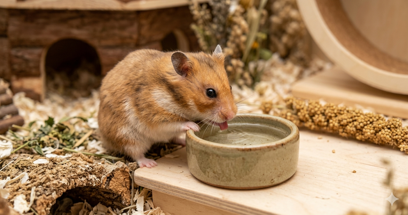 An adorable Syrian hamster leaning over a small, shallow ceramic bowl to drink water on a wooden platform in a naturalistic, well-maintained enclosure. The scene is bright, clean, and highlights the ergonomic benefits of using a water dish for hamsters.