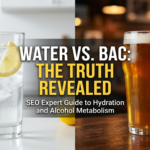 A split-screen comparison image featuring a refreshing glass of iced water with lemon on the left and a pint of beer with a shot glass on the right. Centered text reads "Water vs. BAC: The Truth Revealed - SEO Expert Guide to Hydration and Alcohol Metabolism," illustrating whether drinking water lowers blood alcohol content.