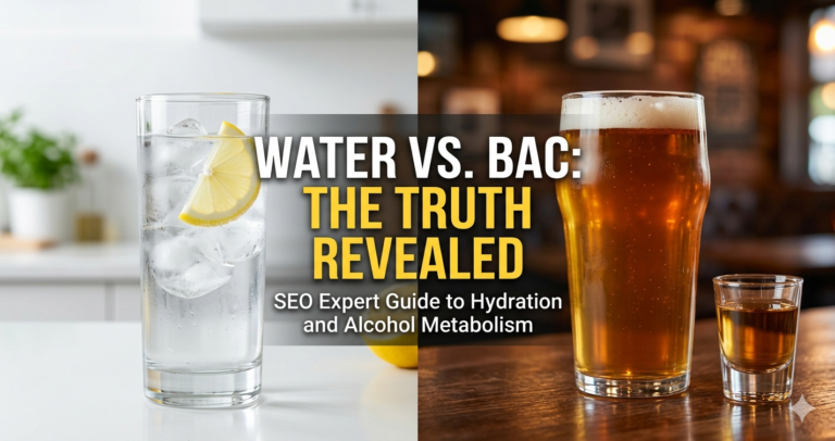 A split-screen comparison image featuring a refreshing glass of iced water with lemon on the left and a pint of beer with a shot glass on the right. Centered text reads "Water vs. BAC: The Truth Revealed - SEO Expert Guide to Hydration and Alcohol Metabolism," illustrating whether drinking water lowers blood alcohol content.