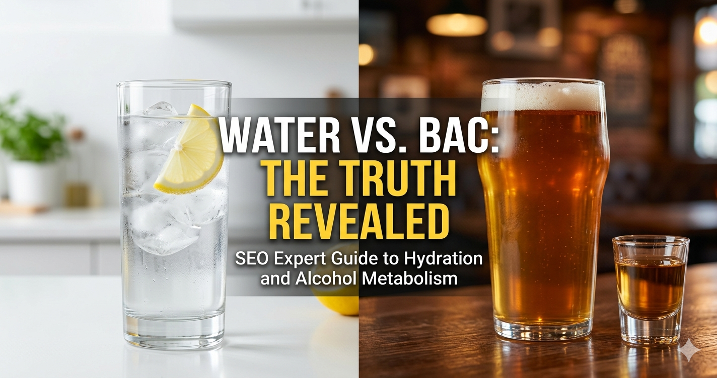 A split-screen comparison image featuring a refreshing glass of iced water with lemon on the left and a pint of beer with a shot glass on the right. Centered text reads "Water vs. BAC: The Truth Revealed - SEO Expert Guide to Hydration and Alcohol Metabolism," illustrating whether drinking water lowers blood alcohol content.