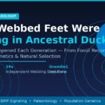 A featured image titled "While Webbed Feet Were Evolving in Ancestral Ducks" showing a webbed duck foot icon with key evolutionary biology facts including 66 million years of duck lineage, 14 independent webbing evolutions, and the Gremlin1 gene, on a dark navy blue background.