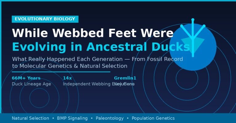 A featured image titled "While Webbed Feet Were Evolving in Ancestral Ducks" showing a webbed duck foot icon with key evolutionary biology facts including 66 million years of duck lineage, 14 independent webbing evolutions, and the Gremlin1 gene, on a dark navy blue background.