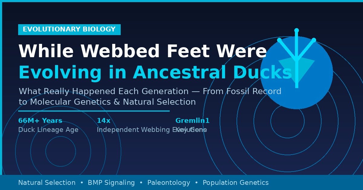 A featured image titled "While Webbed Feet Were Evolving in Ancestral Ducks" showing a webbed duck foot icon with key evolutionary biology facts including 66 million years of duck lineage, 14 independent webbing evolutions, and the Gremlin1 gene, on a dark navy blue background.