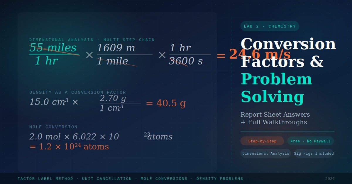 Conversion factors and problem solving lab 2 report sheet answers — dimensional analysis equations with unit cancellation walkthroughs for chemistry students