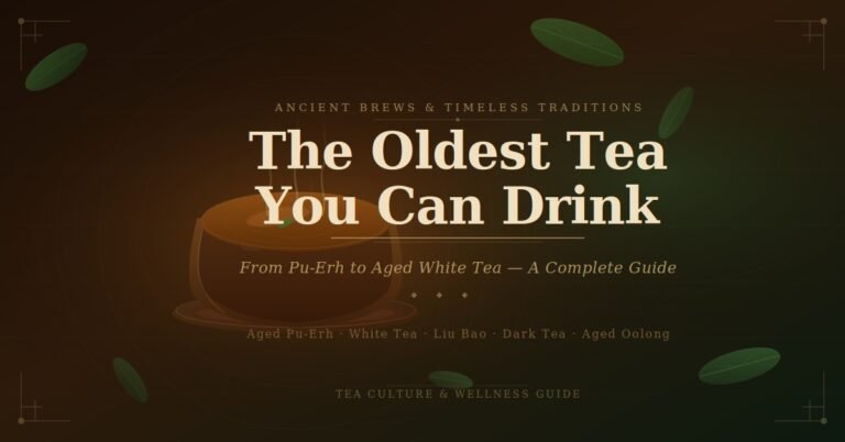 A steaming ceramic tea bowl surrounded by scattered tea leaves on a dark, rich background with the text "The Oldest Tea You Can Drink — From Pu-Erh to Aged White Tea, A Complete Guide."