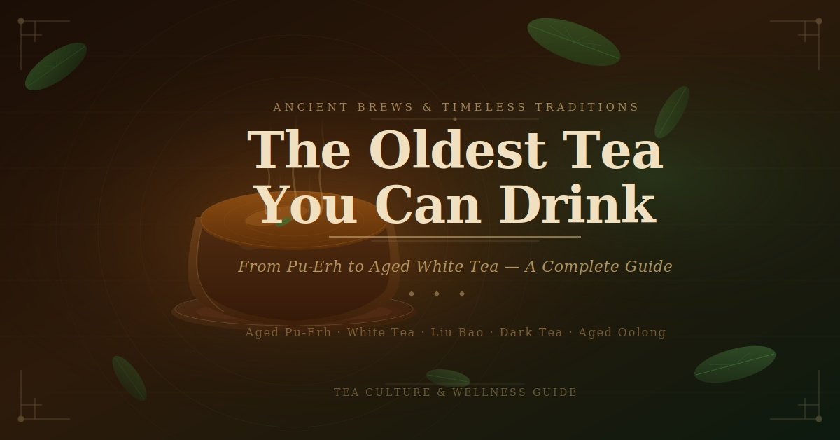 A steaming ceramic tea bowl surrounded by scattered tea leaves on a dark, rich background with the text "The Oldest Tea You Can Drink — From Pu-Erh to Aged White Tea, A Complete Guide."