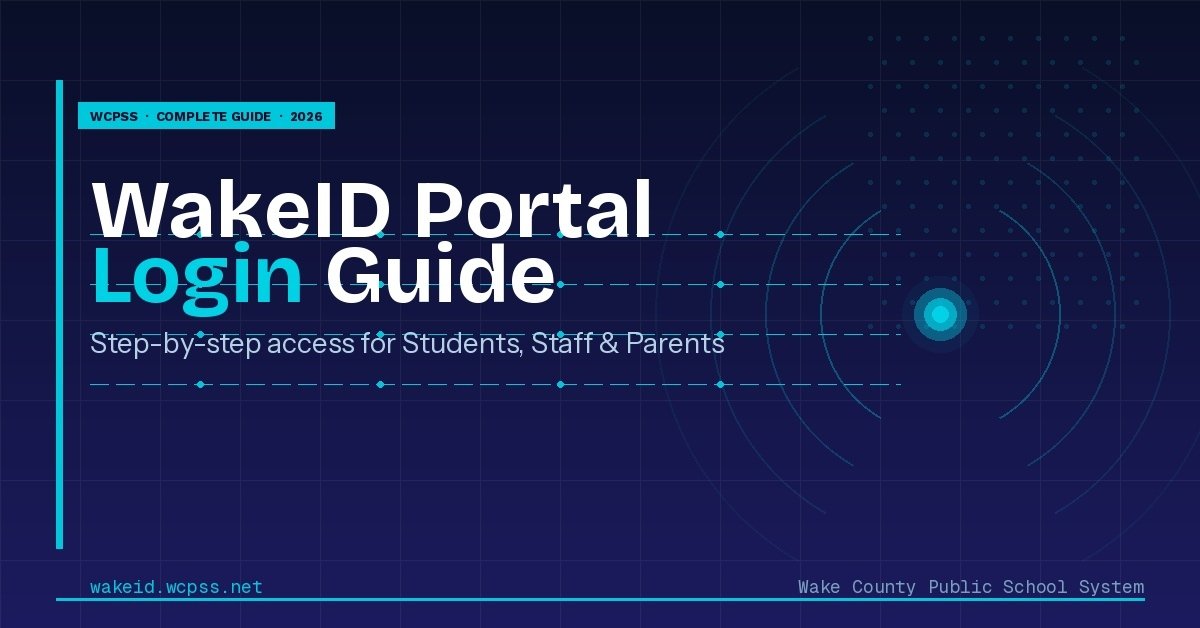 WakeID Portal Login Guide — Complete WCPSS step-by-step guide for students, staff and parents, featuring portal arc graphic on navy background.